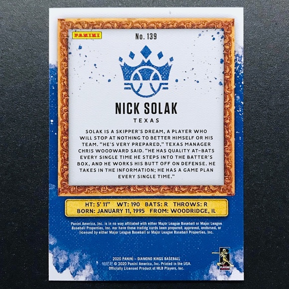 Nick Solak RC SP - 2020 Diamond Kings #139 - Picture 2 of 2